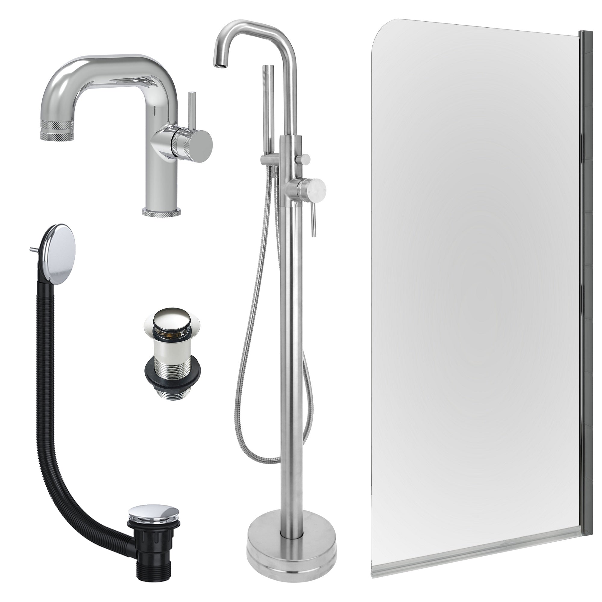 Chrome Side Lever Basin Mixer Tap, Freestanding Bath Shower Mixer and Unslotted Basin and Bath Waste and Edge Bath Screen