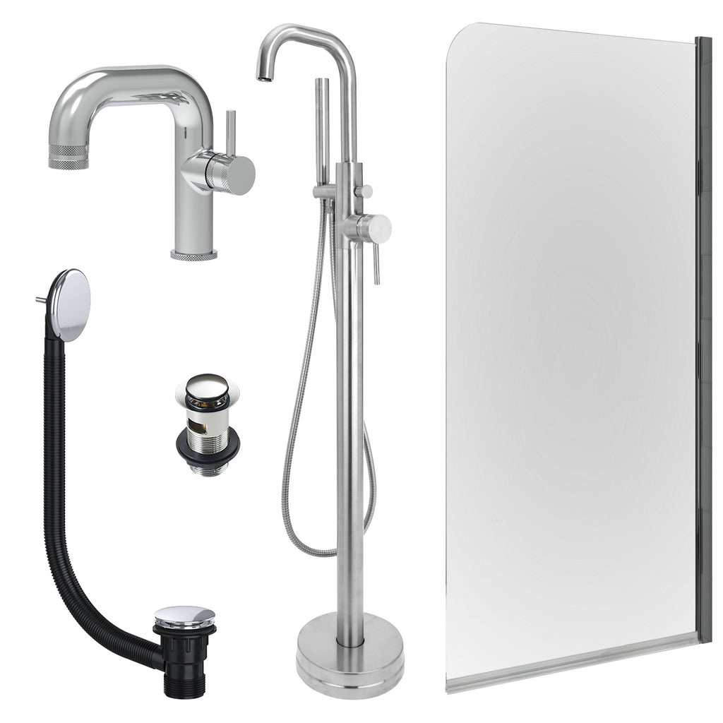 Chrome Side Lever Basin Mixer Tap, Freestanding Bath Shower Mixer and Slotted Basin and Bath Waste and Edge Bath Screen