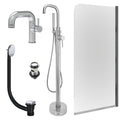 Chrome Side Lever Basin Mixer Tap, Freestanding Bath Shower Mixer and Slotted Basin and Bath Waste and Edge Bath Screen