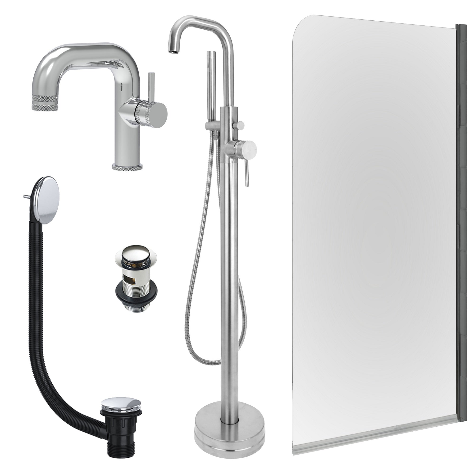 Chrome Side Lever Basin Mixer Tap, Freestanding Bath Shower Mixer and Slotted Basin and Bath Waste and Edge Bath Screen