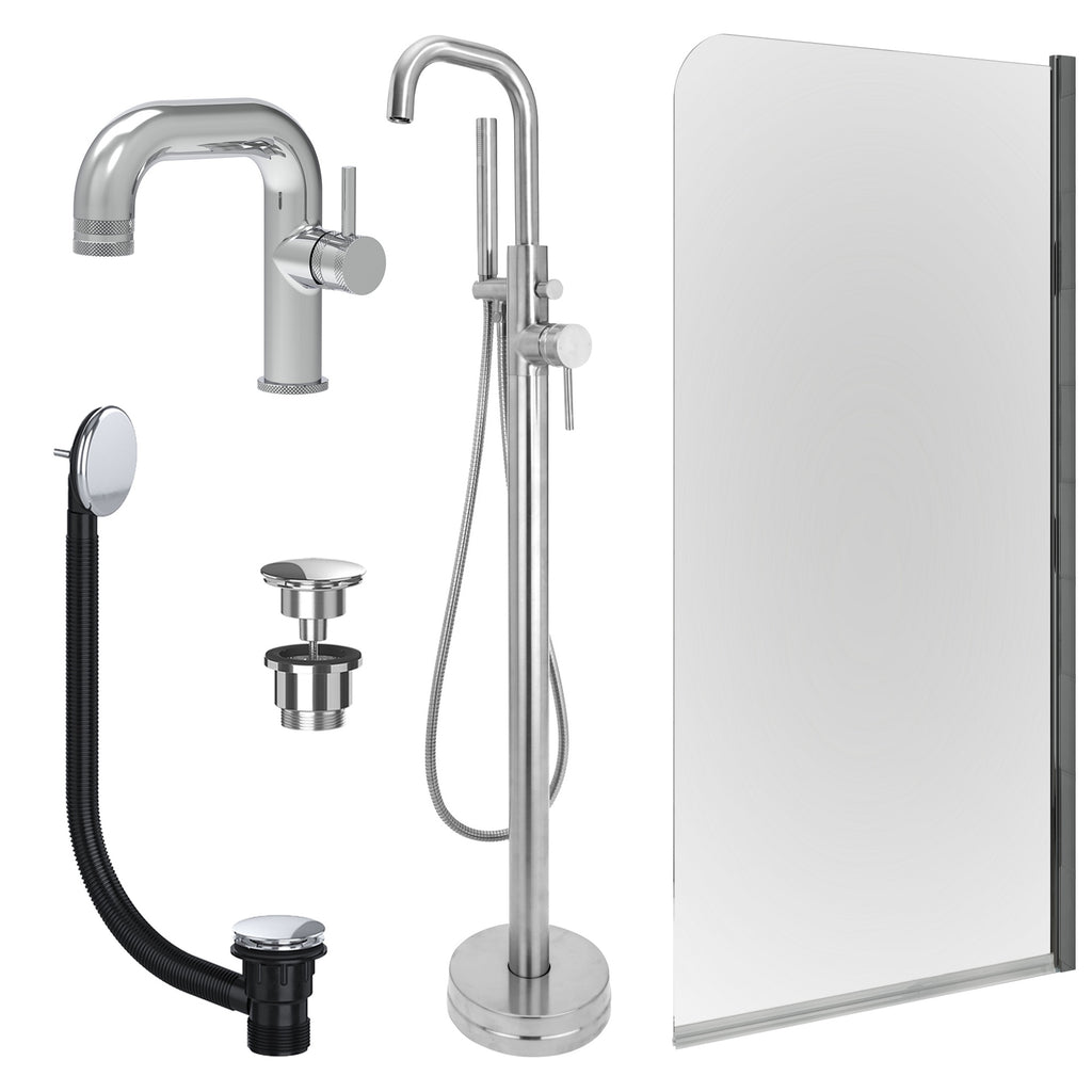 Chrome Side Lever Basin Mixer Tap, Freestanding Bath Shower Mixer and Universal Basin and Bath Waste and Edge Bath Screen