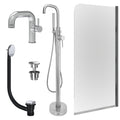 Chrome Side Lever Basin Mixer Tap, Freestanding Bath Shower Mixer and Universal Basin and Bath Waste and Edge Bath Screen
