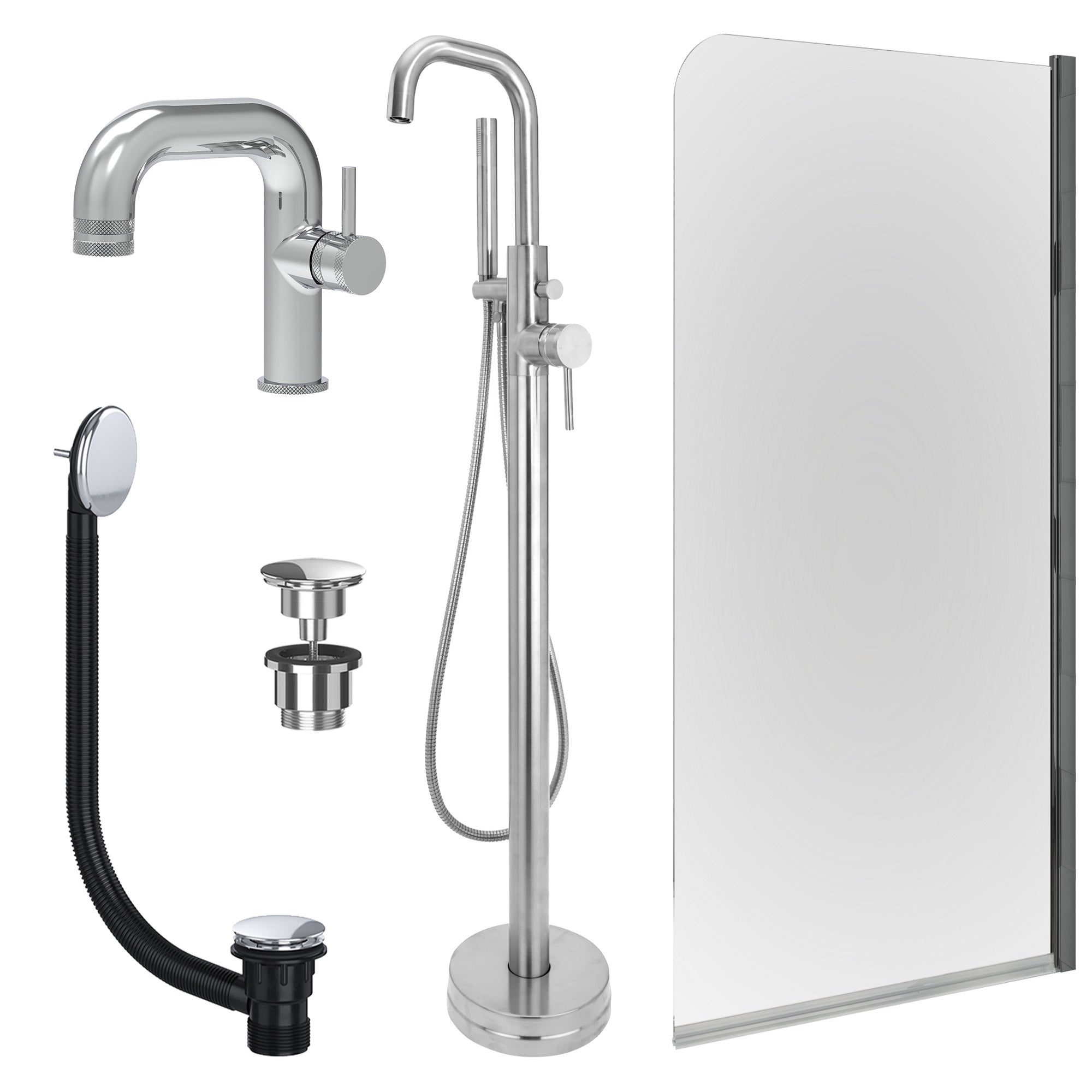 Chrome Side Lever Basin Mixer Tap, Freestanding Bath Shower Mixer and Universal Basin and Bath Waste and Edge Bath Screen