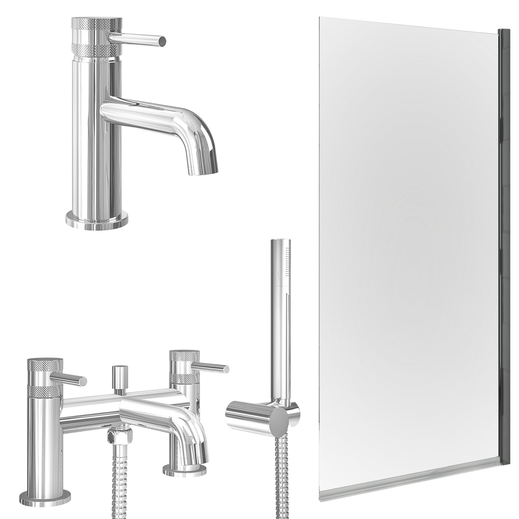 Chrome Basin Mixer Tap, Bath Shower Mixer and Edge Bath Screen