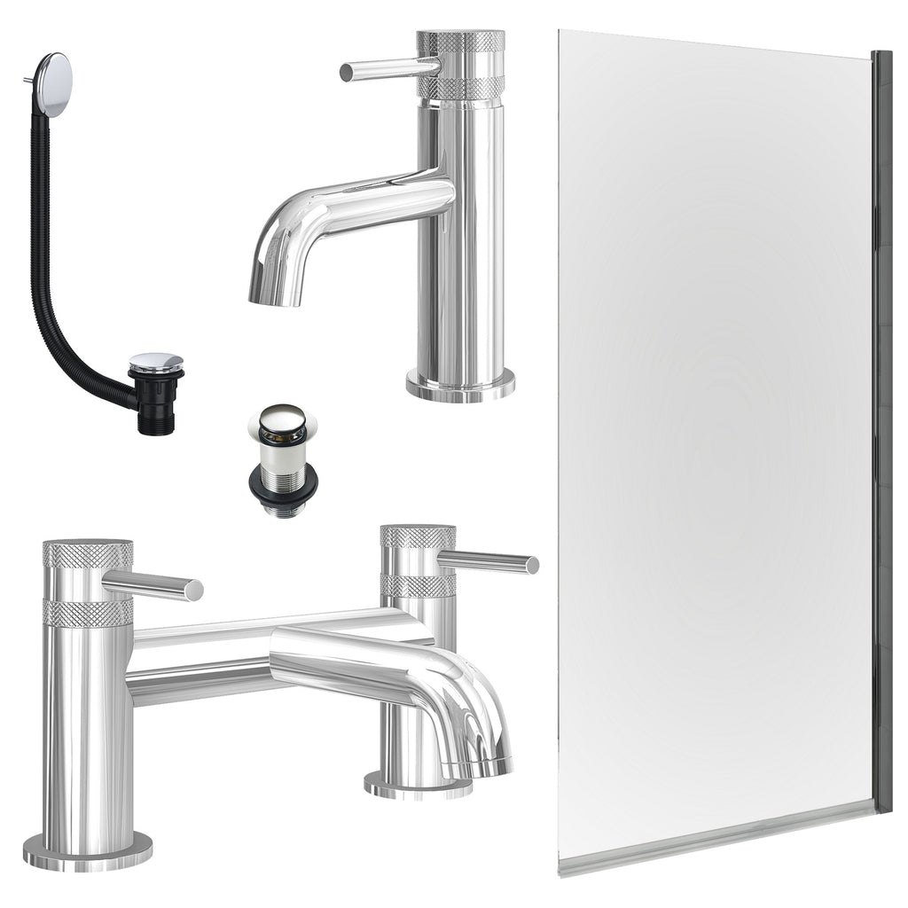 Chrome Basin Mixer Tap, Bath Filler with Unslotted Basin and Bath Waste and Edge Bath Screen