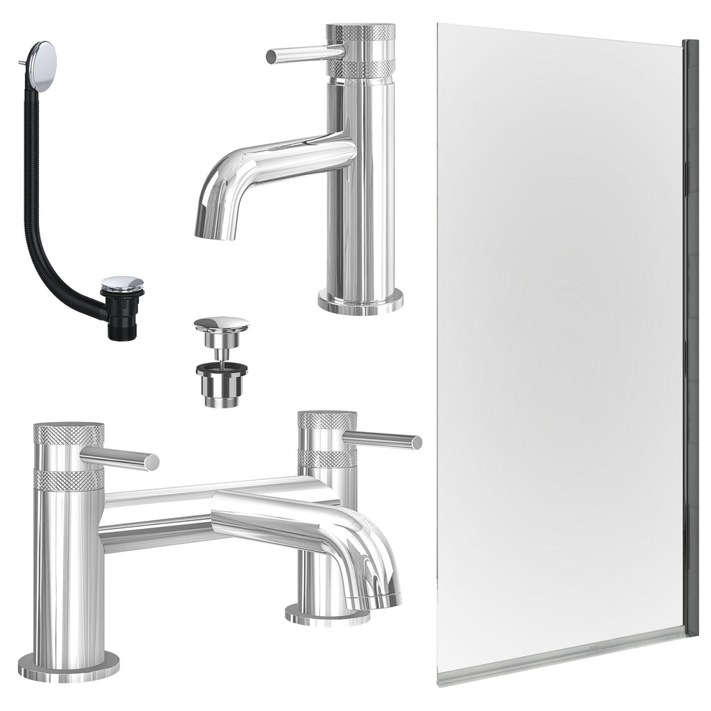 Chrome Basin Mixer Tap, Bath Filler with Universal Basin and Bath Waste and Edge Bath Screen