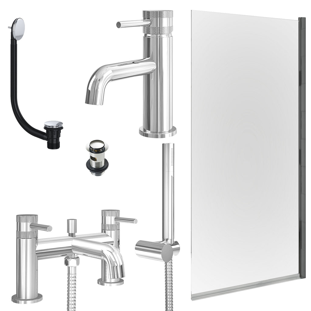 Chrome Basin Mixer Tap, Bath Shower Mixer with Slotted Basin and Bath Waste and Edge Bath Screen