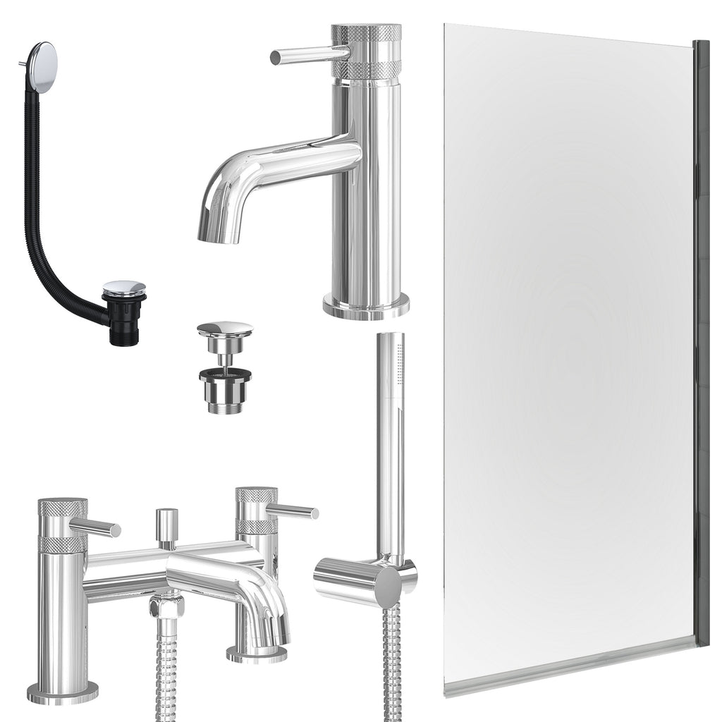 Chrome Basin Mixer Tap, Bath Shower Mixer with Universal Basin and Bath Waste and Edge Bath Screen