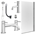 Chrome Basin Mixer Tap, Bath Filler and Rigid Shower with Unslotted Basin and Bath Waste and Edge Bath Screen