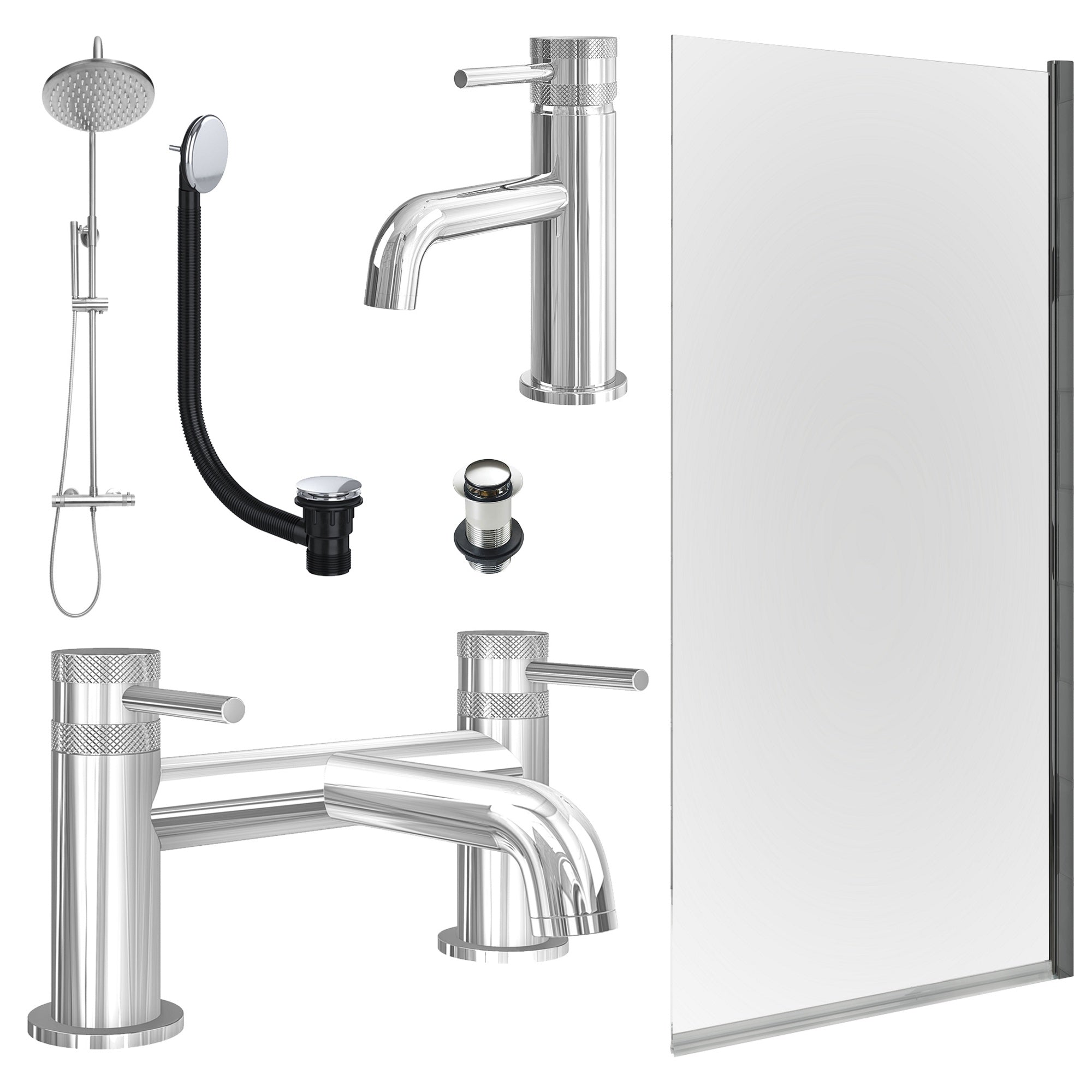 Chrome Basin Mixer Tap, Bath Filler and Rigid Shower with Unslotted Basin and Bath Waste and Edge Bath Screen
