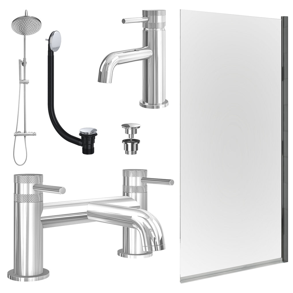 Chrome Basin Mixer Tap, Bath Filler and Rigid Shower with Universal Basin and Bath Waste and Edge Bath Screen
