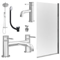 Chrome Basin Mixer Tap, Bath Filler and Rigid Shower with Universal Basin and Bath Waste and Edge Bath Screen