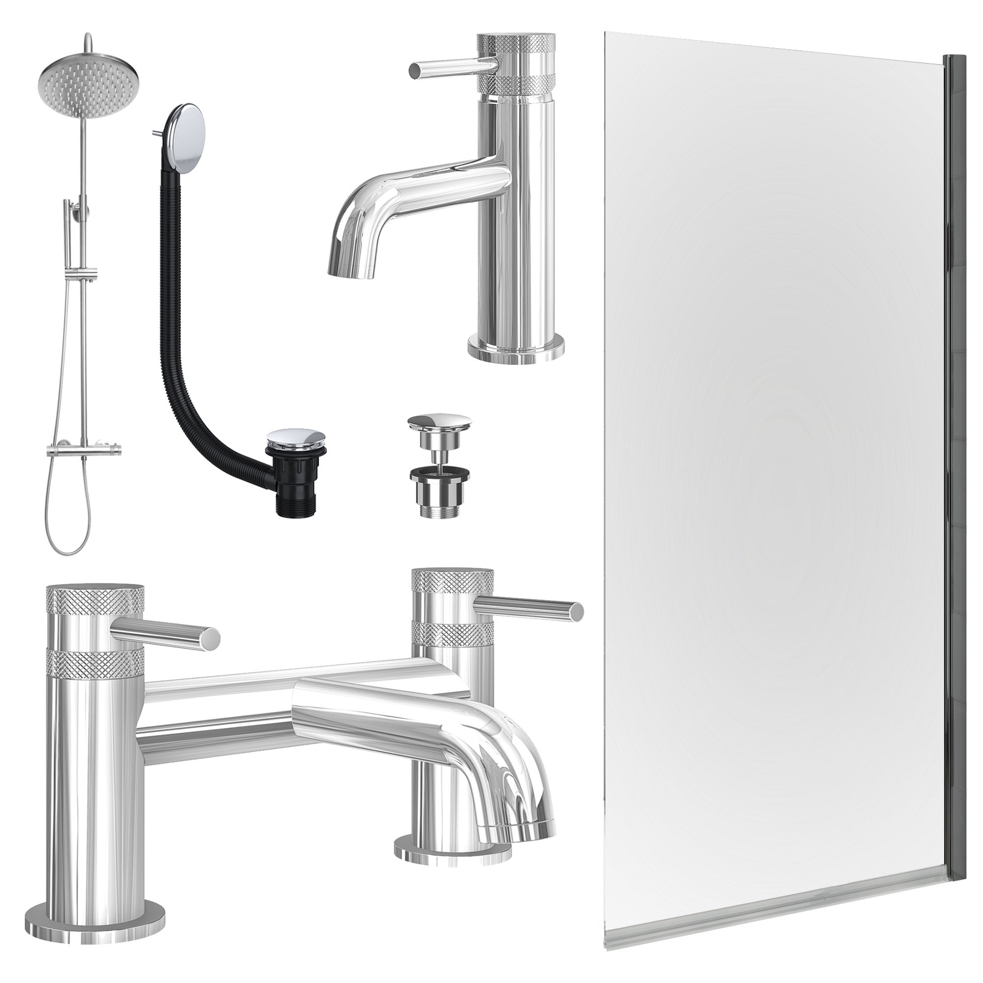 Chrome Basin Mixer Tap, Bath Filler and Rigid Shower with Universal Basin and Bath Waste and Edge Bath Screen