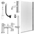 Chrome Basin Mixer Tap, Bath Shower Mixer and Rigid Shower with Unslotted Basin and Bath Waste and Edge Bath Screen