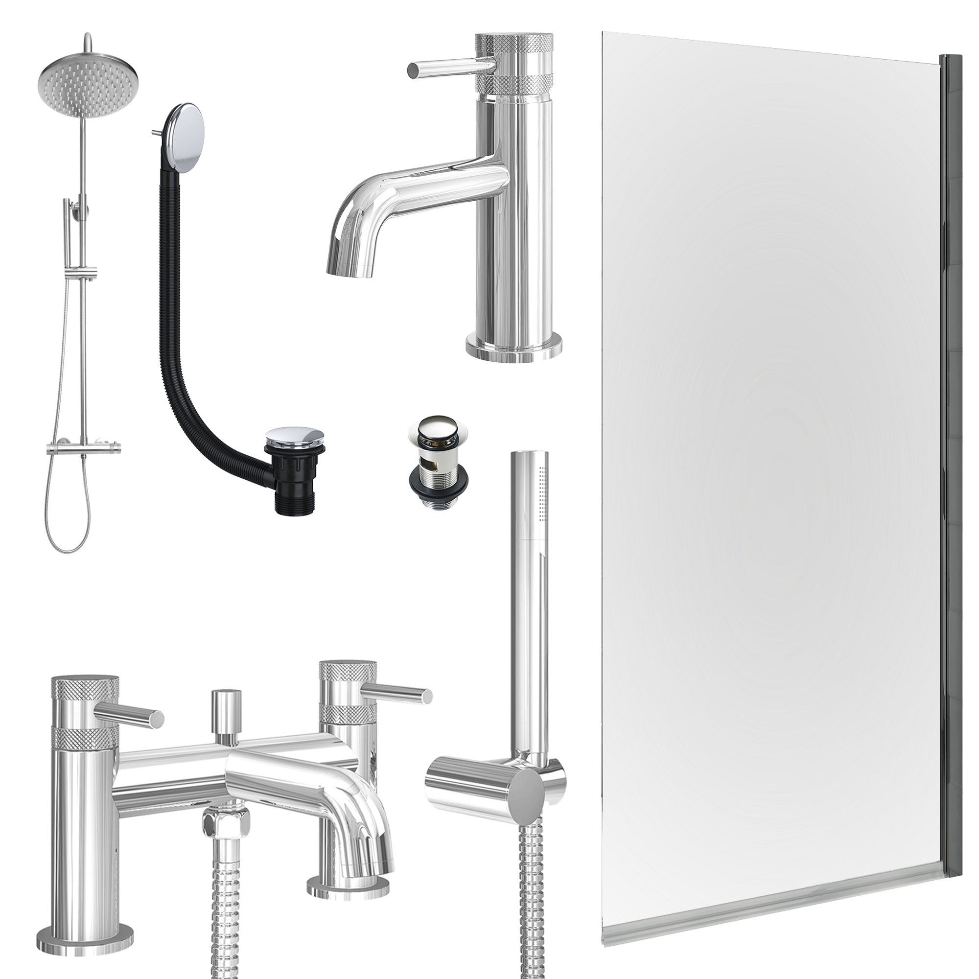 Chrome Basin Mixer Tap, Bath Shower Mixer and Rigid Shower with Slotted Basin and Bath Waste and Edge Bath Screen