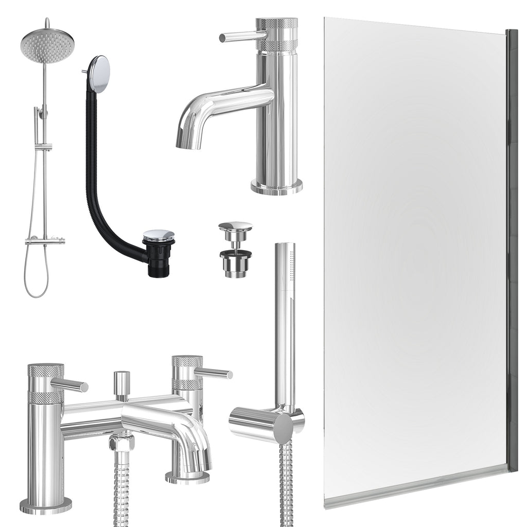 Chrome Basin Mixer Tap, Bath Shower Mixer and Rigid Shower with Universal Basin and Bath Waste and Edge Bath Screen