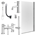 Chrome Basin Mixer Tap, Bath Shower Mixer and Rigid Shower with Universal Basin and Bath Waste and Edge Bath Screen