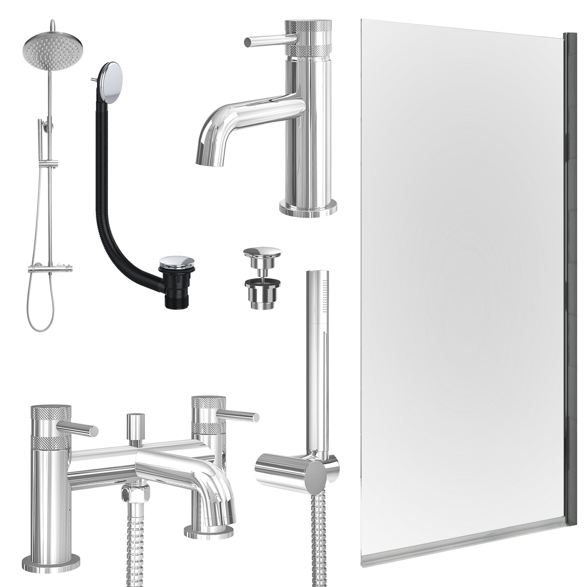 Chrome Basin Mixer Tap, Bath Shower Mixer and Rigid Shower with Universal Basin and Bath Waste and Edge Bath Screen