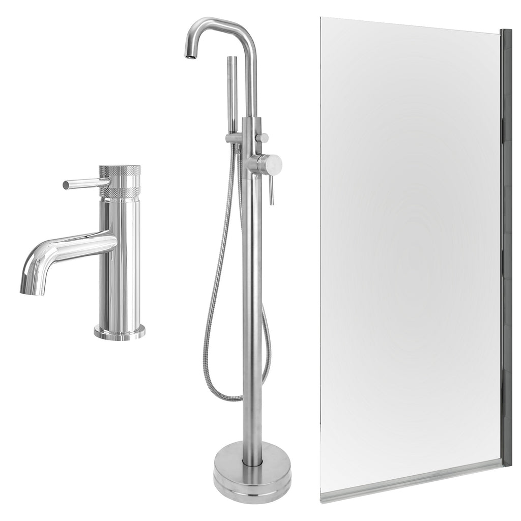 Chrome Basin Mixer and Freestanding Bath Shower Mixer and Edge Bath Screen