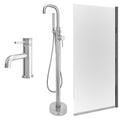 Chrome Basin Mixer and Freestanding Bath Shower Mixer and Edge Bath Screen