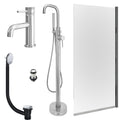 Chrome Basin Mixer and Freestanding Bath Shower Mixer and Unslotted Basin and Bath Waste and Edge Bath Screen