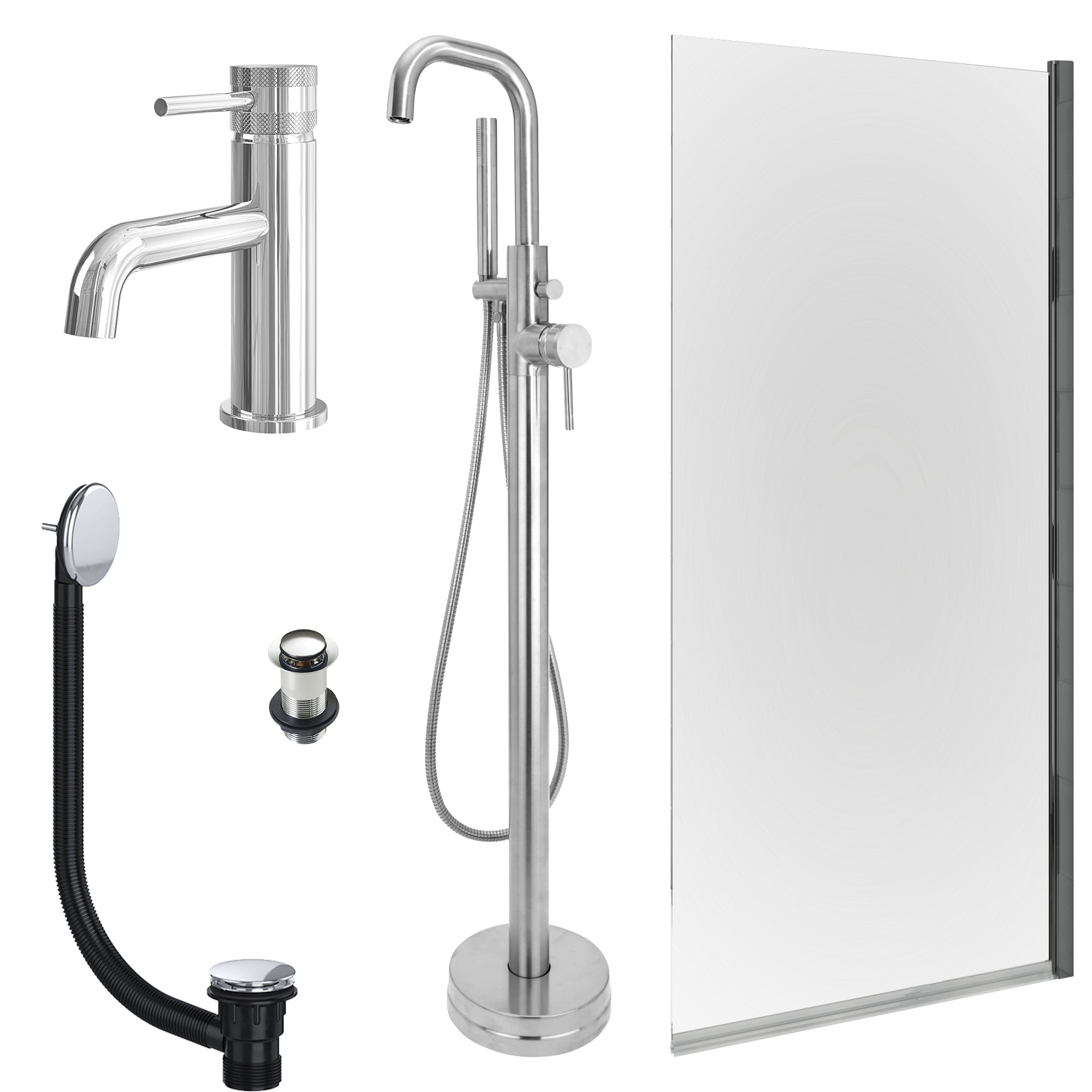 Chrome Basin Mixer and Freestanding Bath Shower Mixer and Unslotted Basin and Bath Waste and Edge Bath Screen