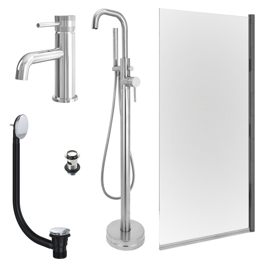 Chrome Basin Mixer and Freestanding Bath Shower Mixer and Slotted Basin and Bath Waste and Edge Bath Screen