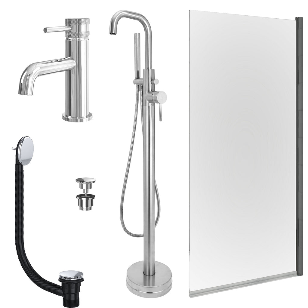 Chrome Basin Mixer and Freestanding Bath Shower Mixer and Universal Basin and Bath Waste and Edge Bath Screen