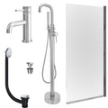 Chrome Basin Mixer and Freestanding Bath Shower Mixer and Universal Basin and Bath Waste and Edge Bath Screen