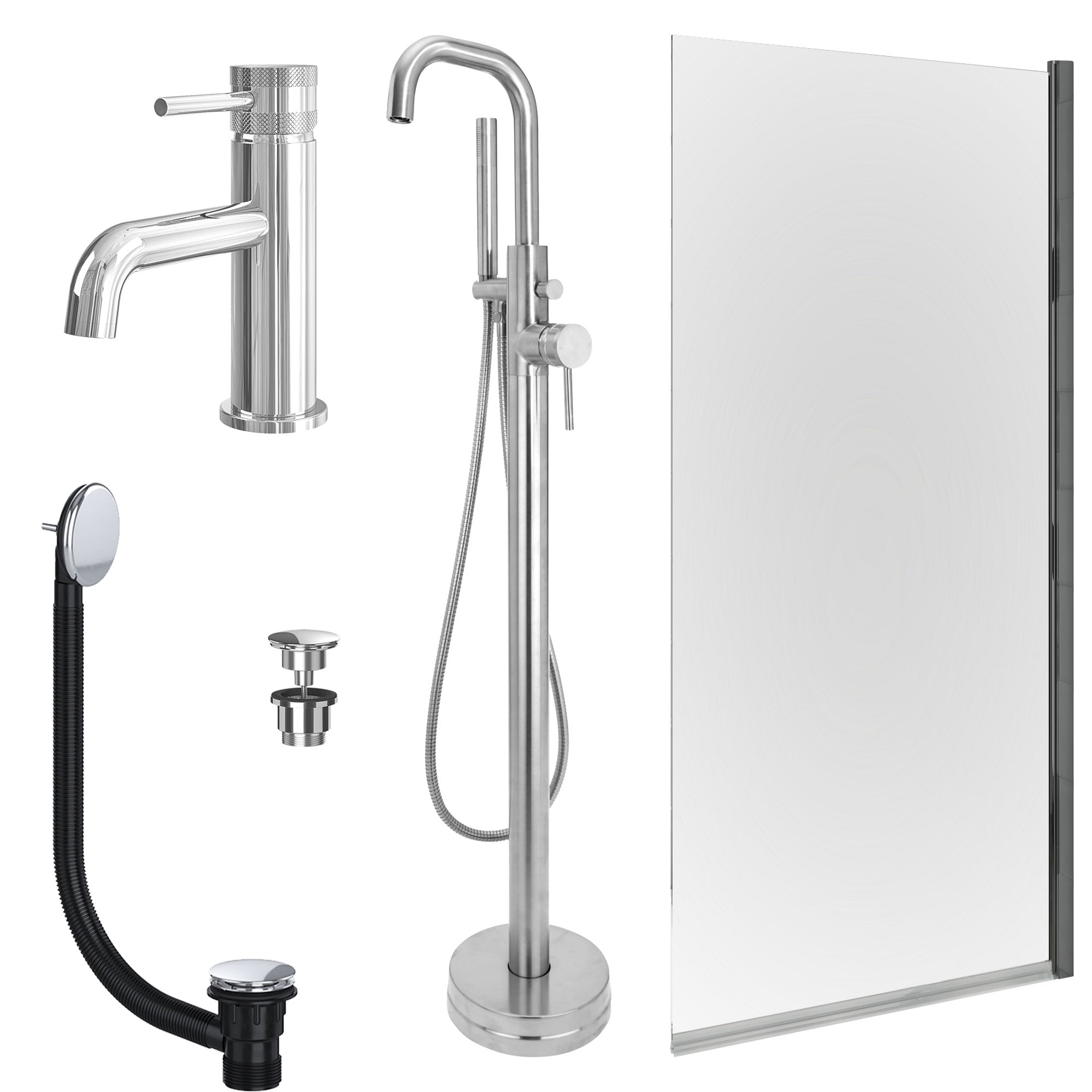 Chrome Basin Mixer and Freestanding Bath Shower Mixer and Universal Basin and Bath Waste and Edge Bath Screen