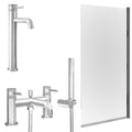 Chrome Tall Basin Mixer Tap, Bath Shower Mixer and Edge Bath Screen