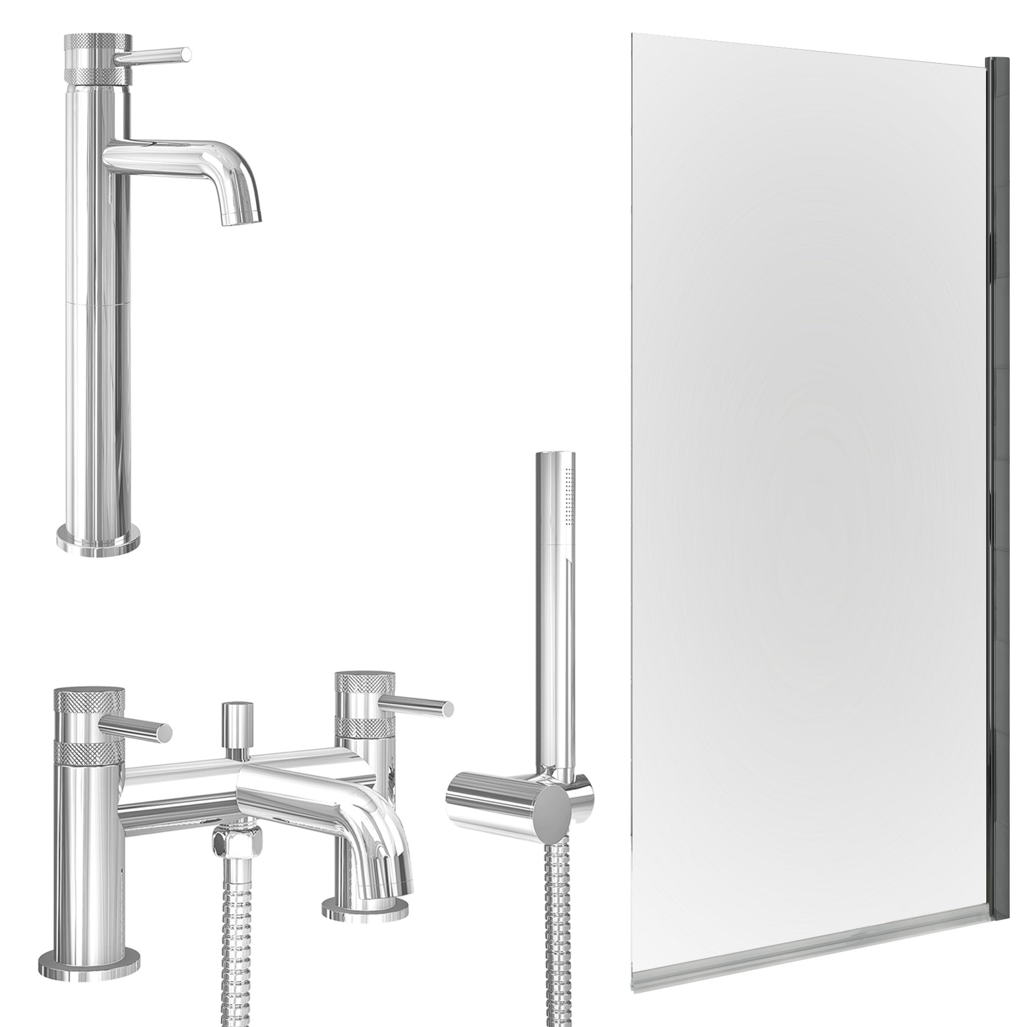 Chrome Tall Basin Mixer Tap, Bath Shower Mixer and Edge Bath Screen