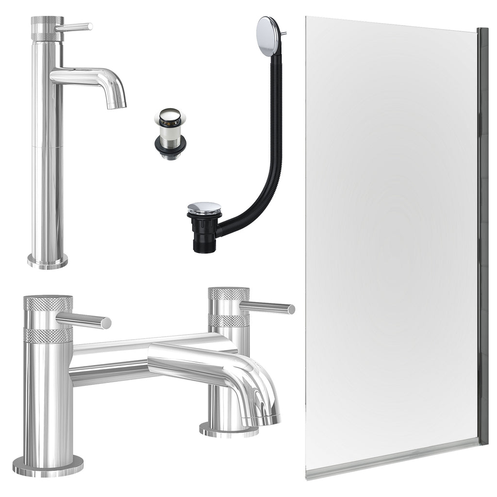 Chrome Tall Basin Mixer Tap, Bath Filler with Unslotted Basin and Bath Waste and Edge Bath Screen