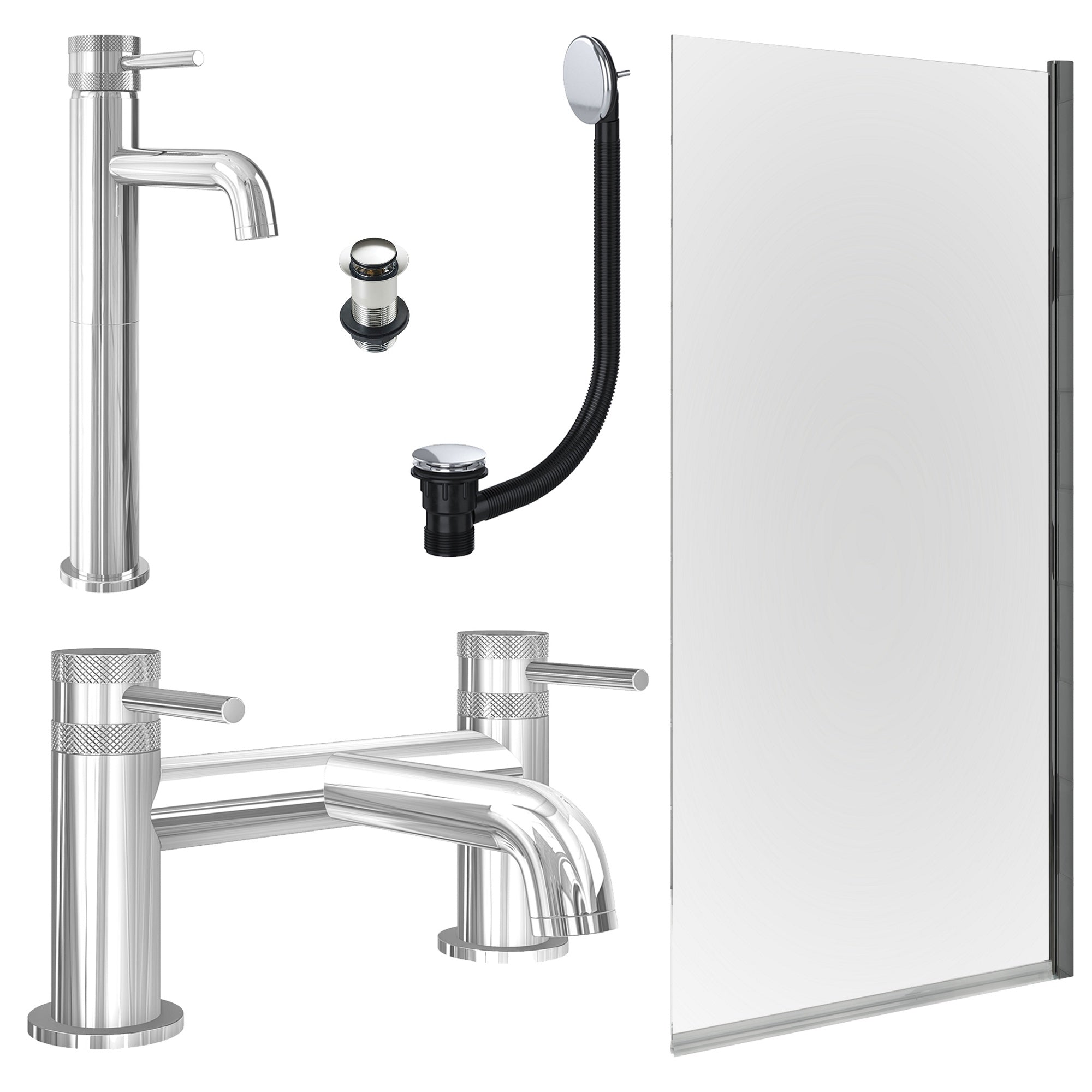 Chrome Tall Basin Mixer Tap, Bath Filler with Unslotted Basin and Bath Waste and Edge Bath Screen