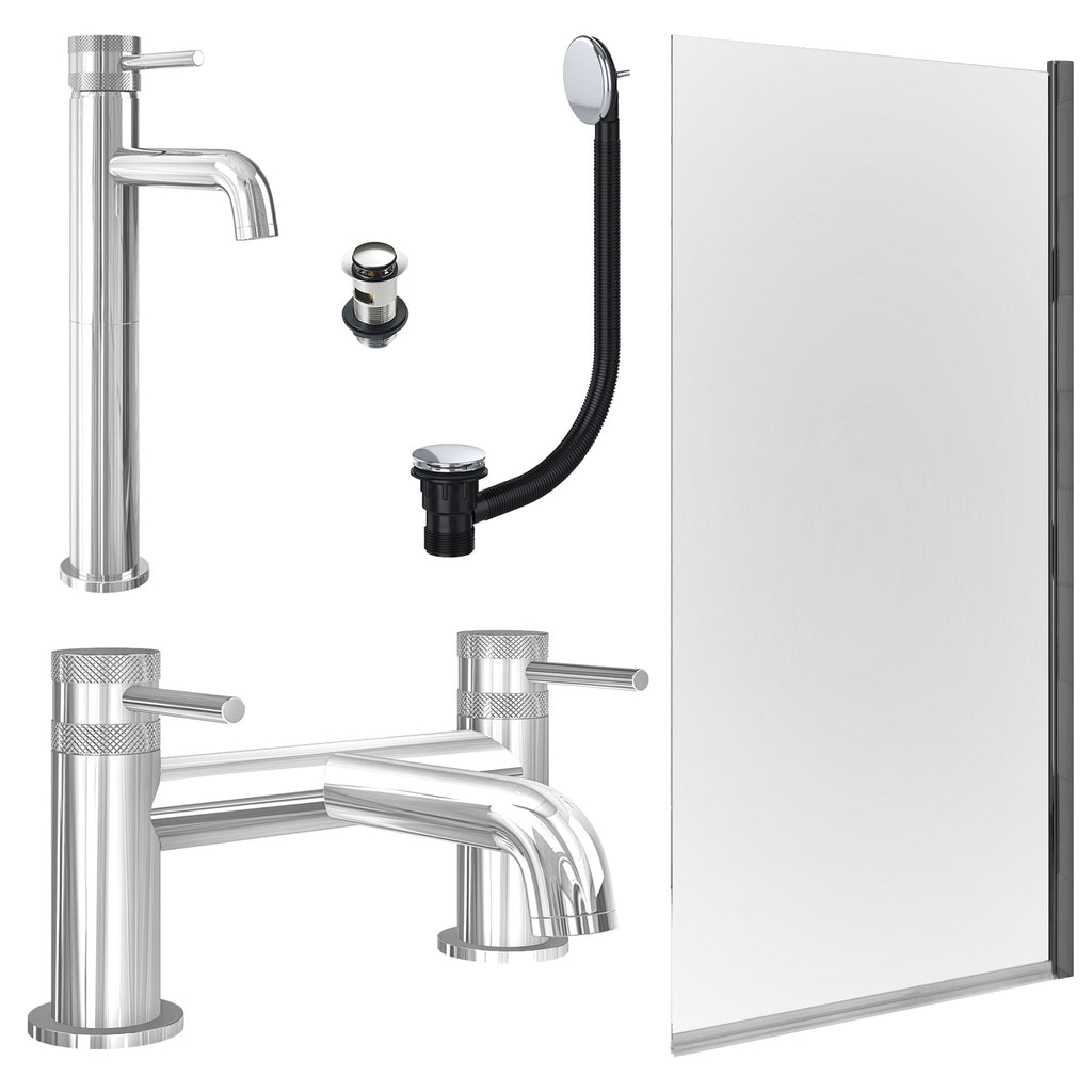 Chrome Tall Basin Mixer Tap, Bath Filler with Slotted Basin and Bath Waste and Edge Bath Screen
