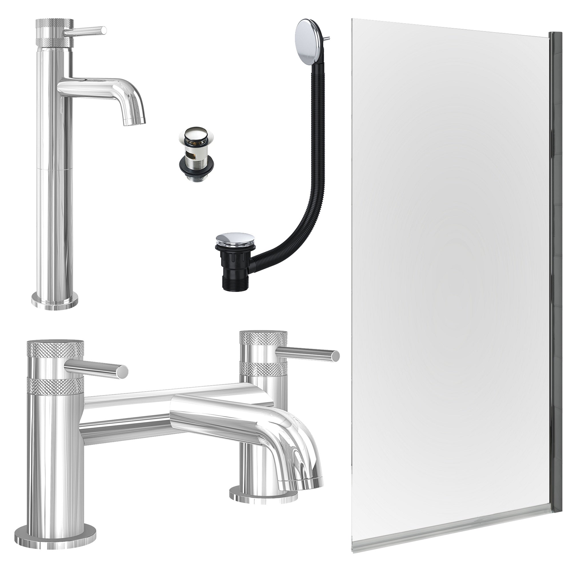 Chrome Tall Basin Mixer Tap, Bath Filler with Slotted Basin and Bath Waste and Edge Bath Screen