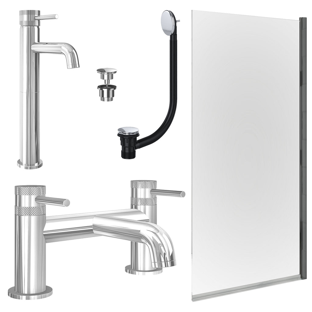 Chrome Tall Basin Mixer Tap, Bath Filler with Universal Basin and Bath Waste and Edge Bath Screen