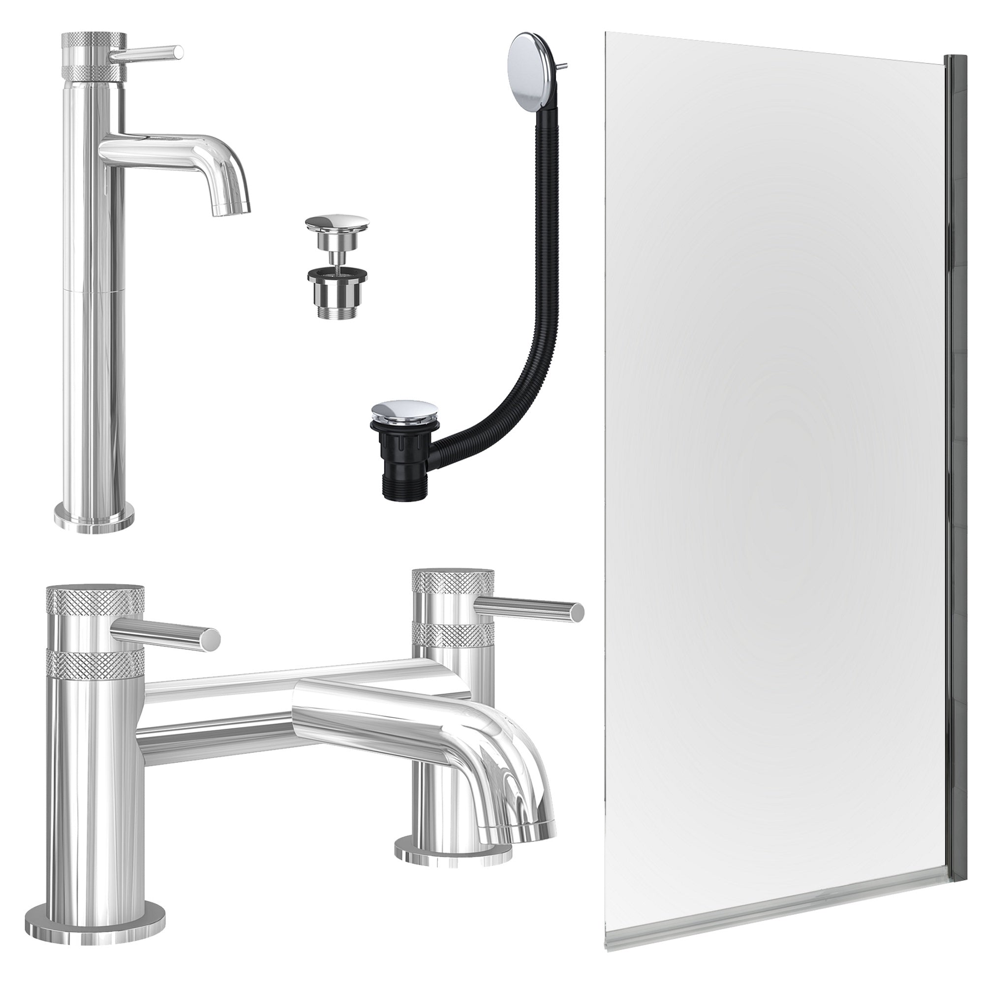 Chrome Tall Basin Mixer Tap, Bath Filler with Universal Basin and Bath Waste and Edge Bath Screen