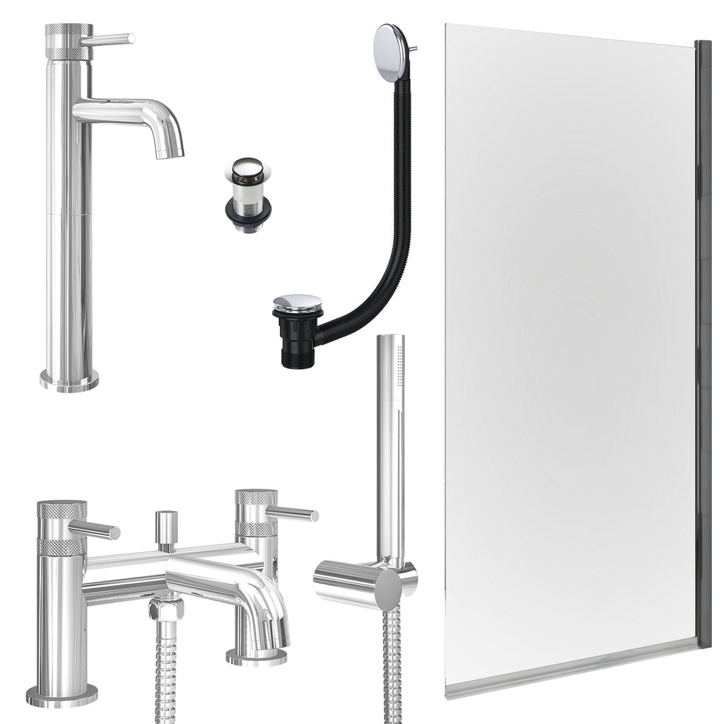 Chrome Tall Basin Mixer Tap, Bath Shower Mixer with Unslotted Basin and Bath Waste and Edge Bath Screen