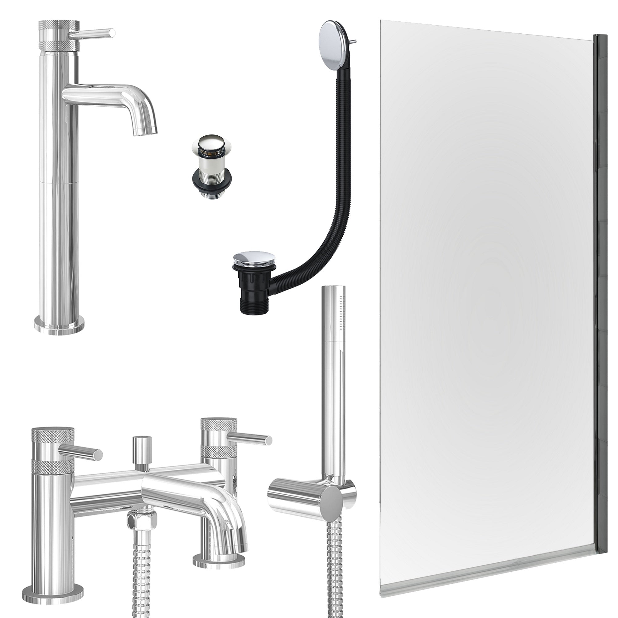 Chrome Tall Basin Mixer Tap, Bath Shower Mixer with Unslotted Basin and Bath Waste and Edge Bath Screen