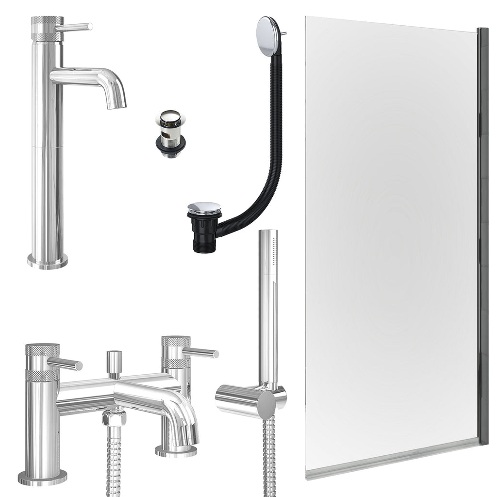 Chrome Tall Basin Mixer Tap, Bath Shower Mixer with Slotted Basin and Bath Waste and Edge Bath Screen
