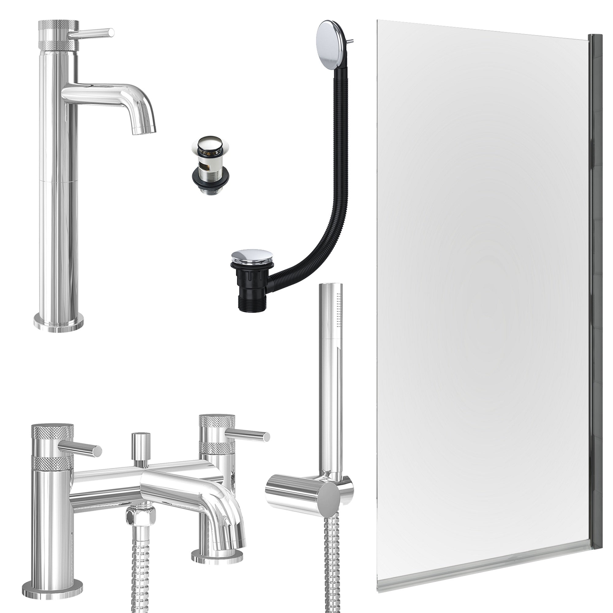 Chrome Tall Basin Mixer Tap, Bath Shower Mixer with Slotted Basin and Bath Waste and Edge Bath Screen
