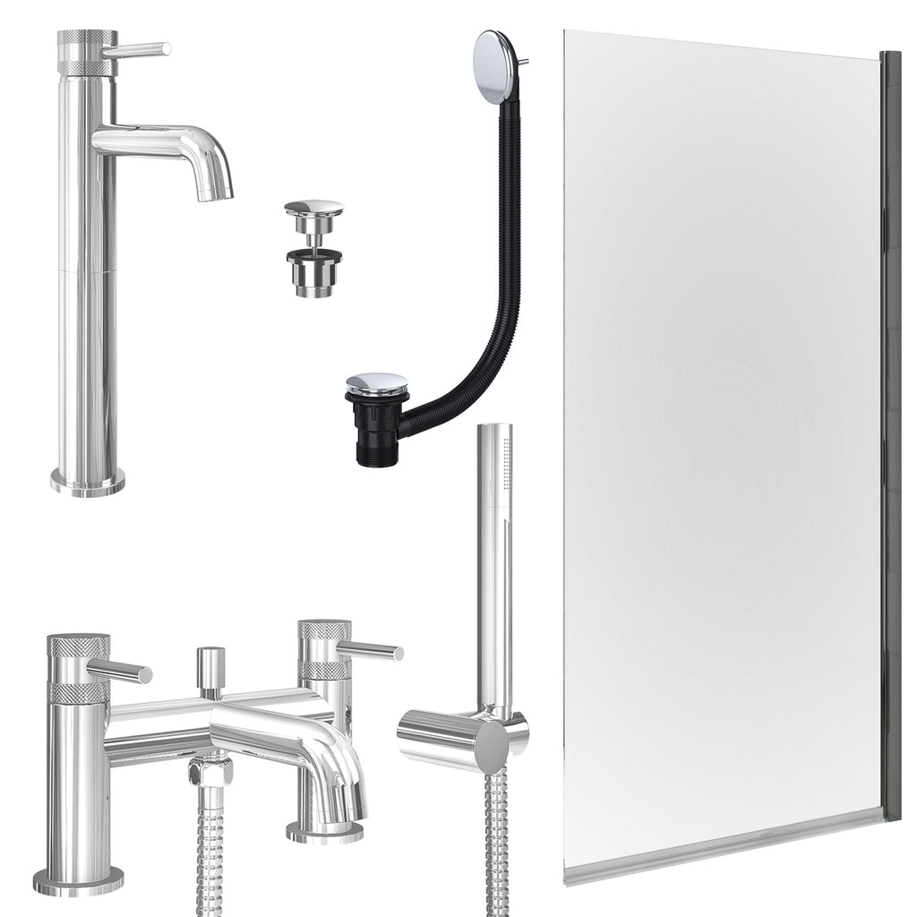 Chrome Tall Basin Mixer Tap, Bath Shower Mixer with Universal Basin and Bath Waste and Edge Bath Screen
