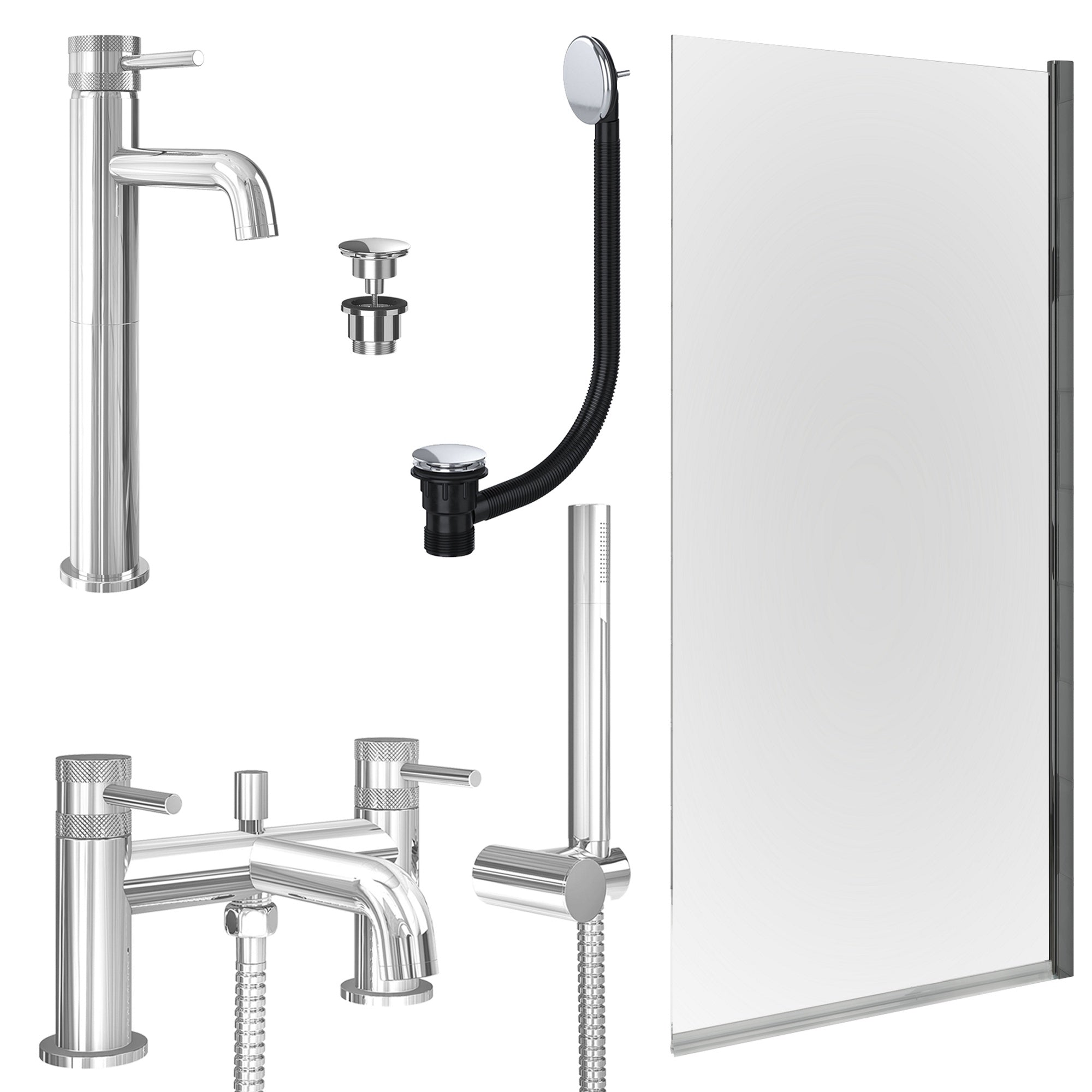 Chrome Tall Basin Mixer Tap, Bath Shower Mixer with Universal Basin and Bath Waste and Edge Bath Screen