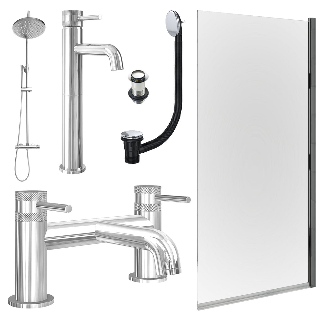 Chrome Tall Basin Mixer Tap, Bath Filler and Rigid Shower with Unslotted Basin and Bath Waste and Edge Bath Screen