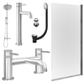 Chrome Tall Basin Mixer Tap, Bath Filler and Rigid Shower with Unslotted Basin and Bath Waste and Edge Bath Screen
