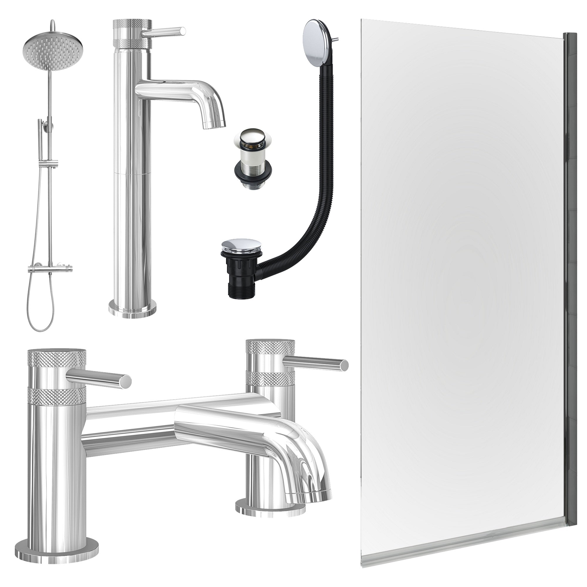 Chrome Tall Basin Mixer Tap, Bath Filler and Rigid Shower with Unslotted Basin and Bath Waste and Edge Bath Screen