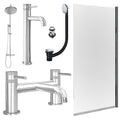 Chrome Tall Basin Mixer Tap, Bath Filler and Rigid Shower with Slotted Basin and Bath Waste and Edge Bath Screen
