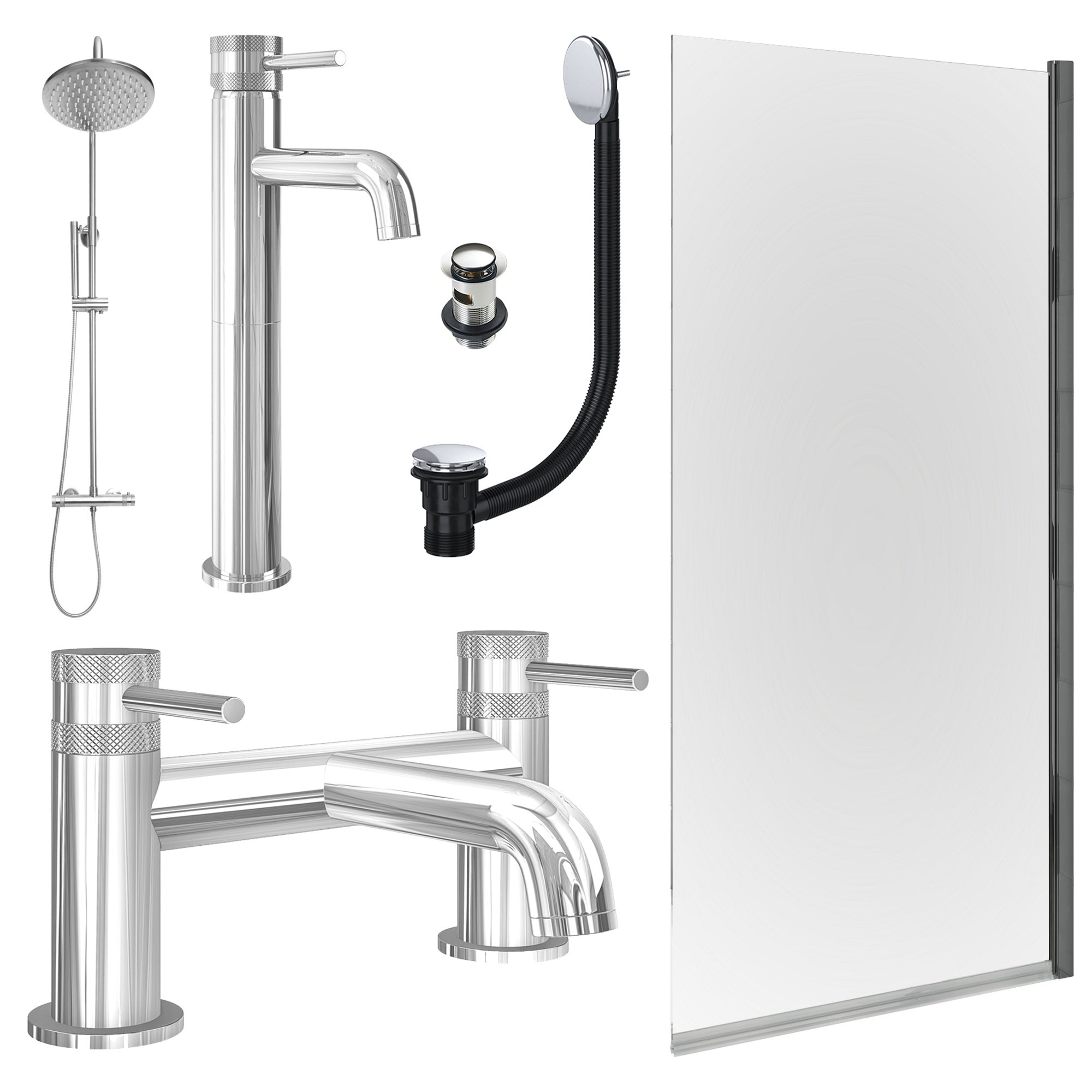 Chrome Tall Basin Mixer Tap, Bath Filler and Rigid Shower with Slotted Basin and Bath Waste and Edge Bath Screen