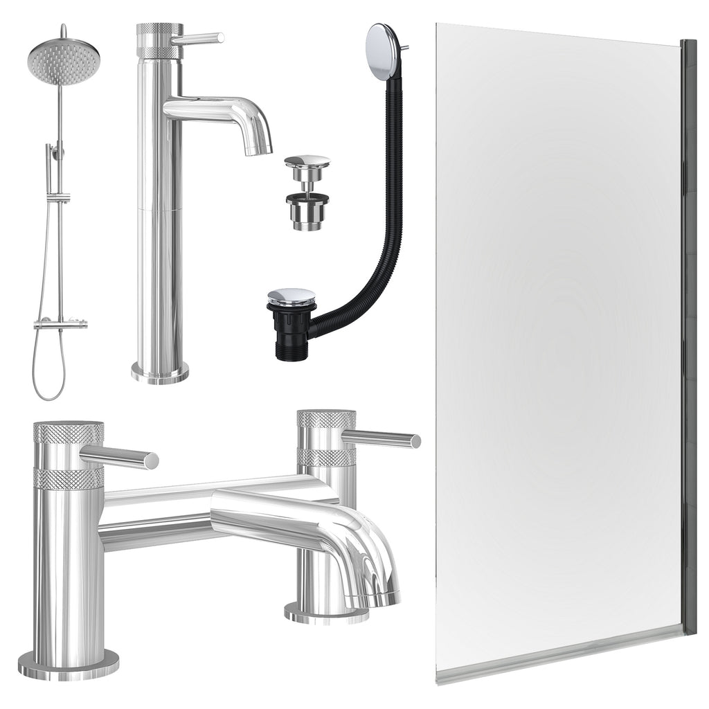 Chrome Tall Basin Mixer Tap, Bath Filler and Rigid Shower with Universal Basin and Bath Waste and Edge Bath Screen
